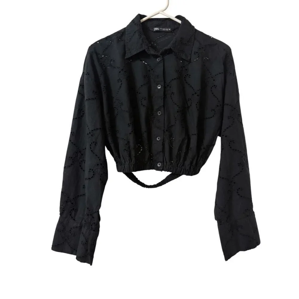 Zara Black Embroidery Eyelet Crop Button Down Top(Size XS)